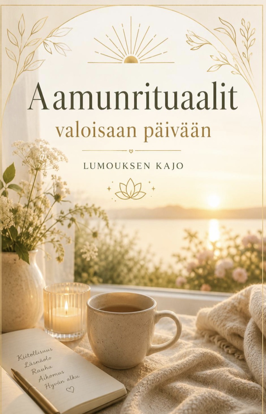 Aamurauha-aiheinen juliste: kuppi teetä, kynttilä ja kukkia pehmeällä auringonpaisteella, koristeellinen kehys ja teksti.
