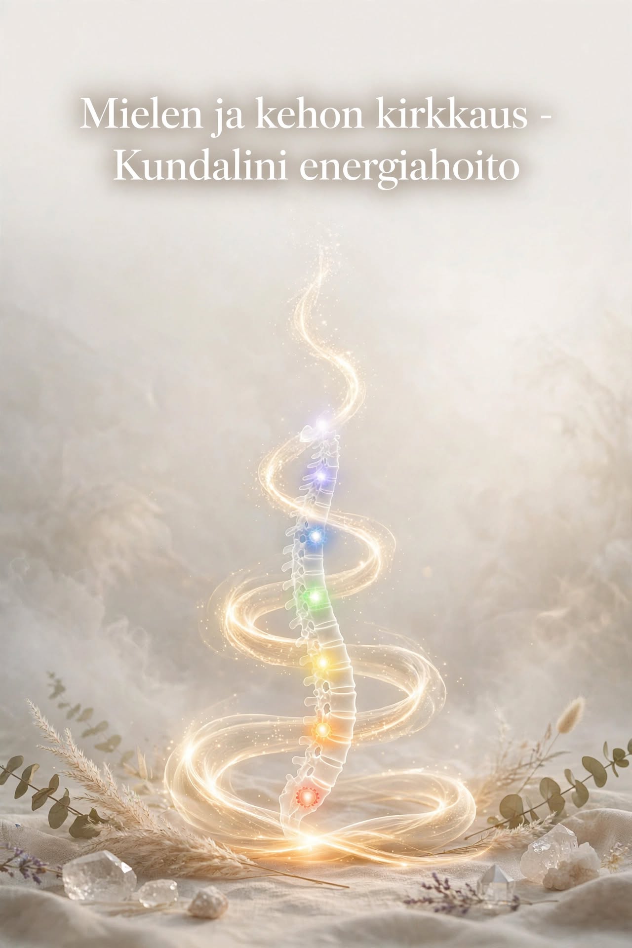 Selkäranka valaistuna värikkäillä chakroilla, valokierteet pilvimäisessä taustassa ja teksti “Kundalini energiahöifto”.