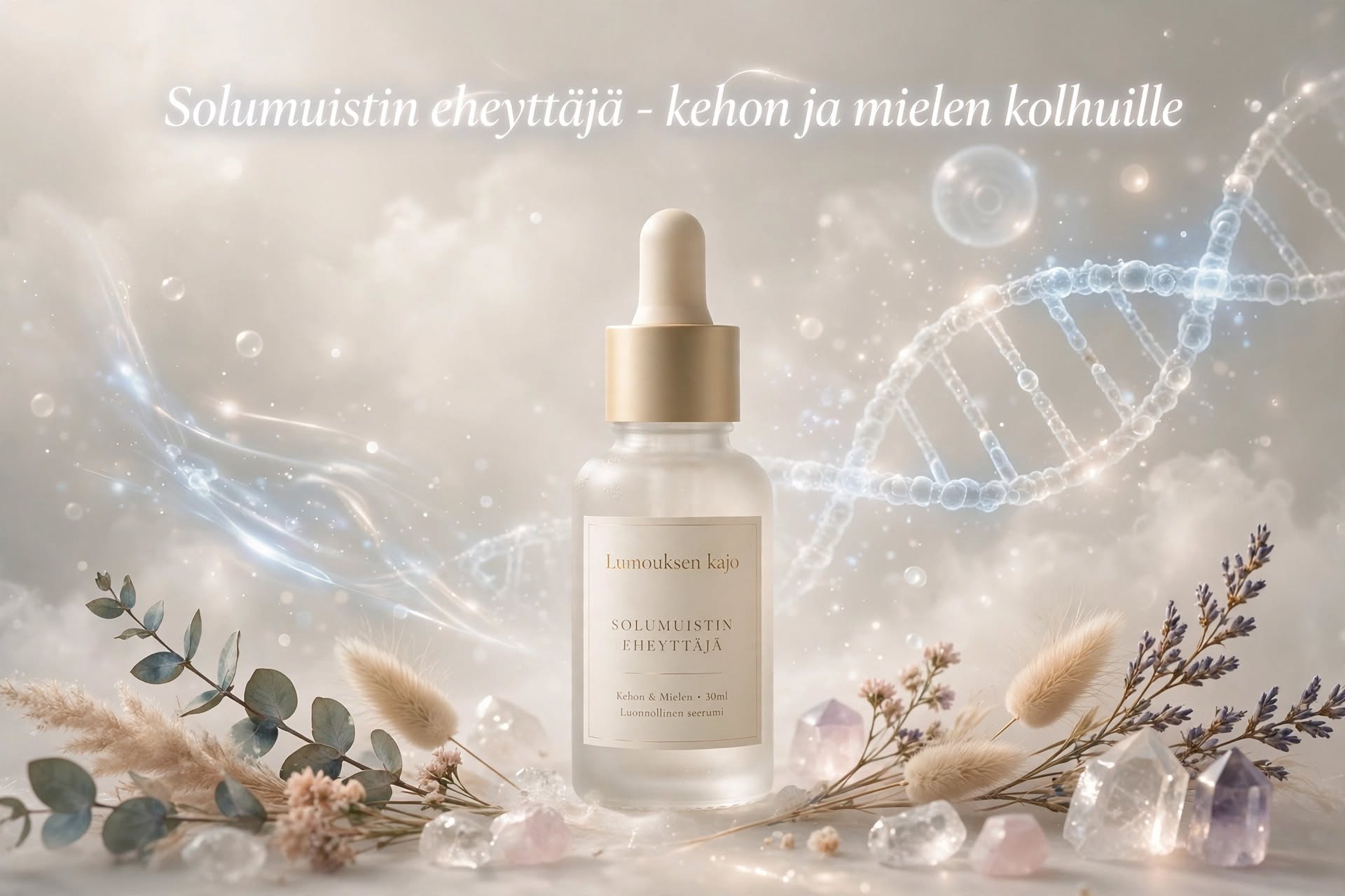 Seerumpullo, pehmeä pastellitausta ja laventelinoksat, kuplamaiset molekyylit sekä teksti “Solmuisin kehoni…”.