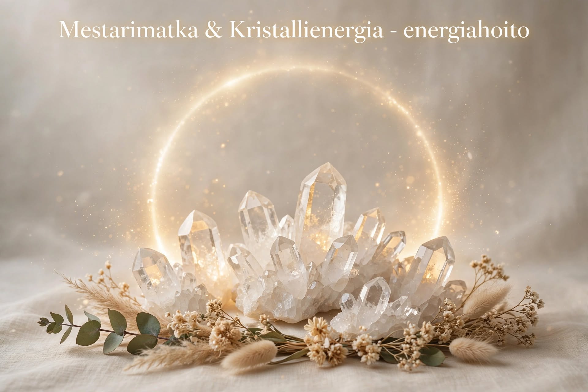 Kirkas kvartsikidekimppu, pehmeä kultainen hehku ja kukkia, taustalla teksti Mestarimatka & Kristallienergia.