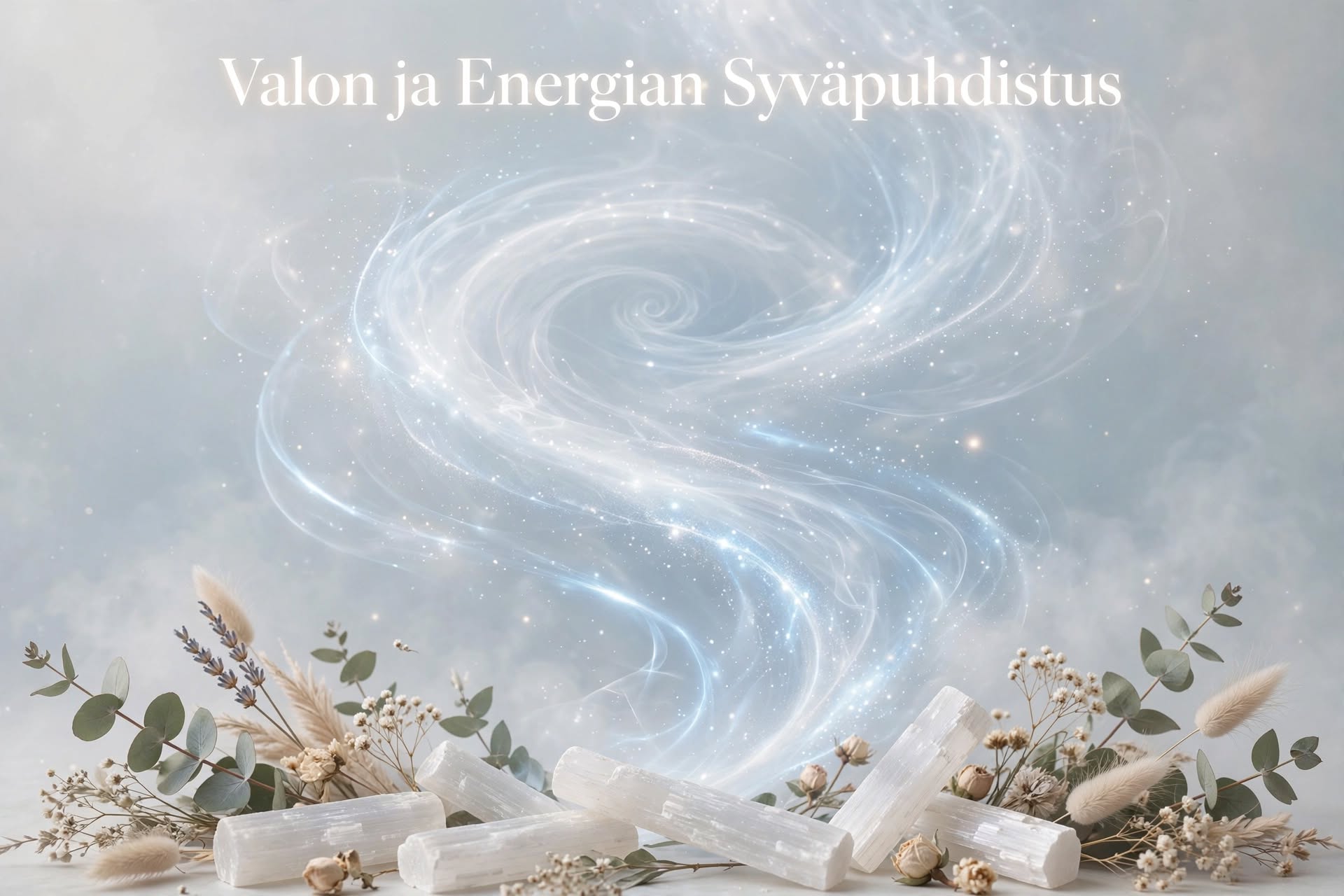 Vaaleansininen tausta, valkoisia kristalleja ja kasveja, sekä hohtava energiasumu ja teksti “Valon ja Energian Syvähdystus”.