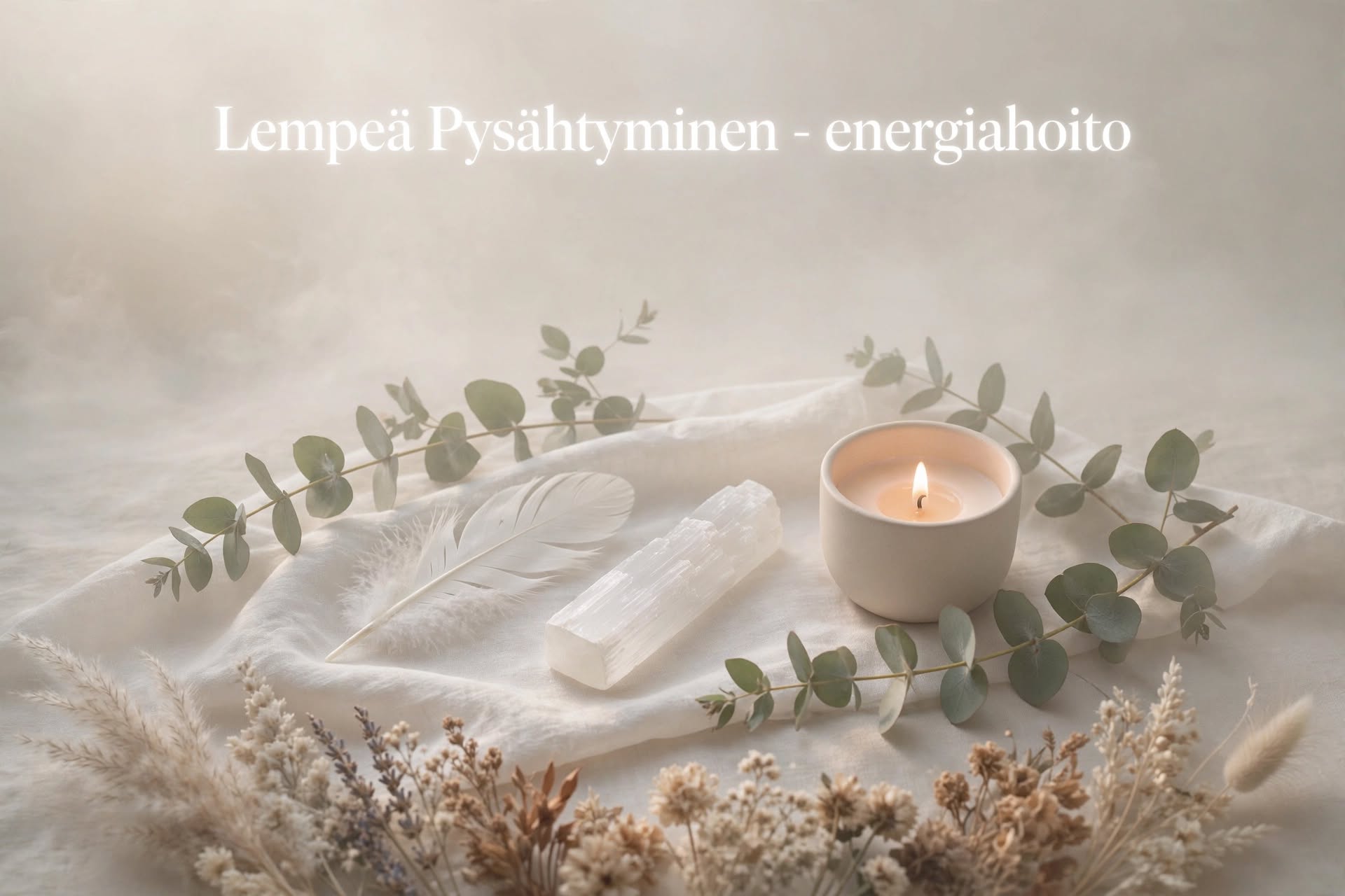 Valkoinen kynttilä palaa, höyhen ja eukalyptusoksat valkoisella kankaalla, taustalla teksti Lempeä Pyhätyminen - energiahoito.